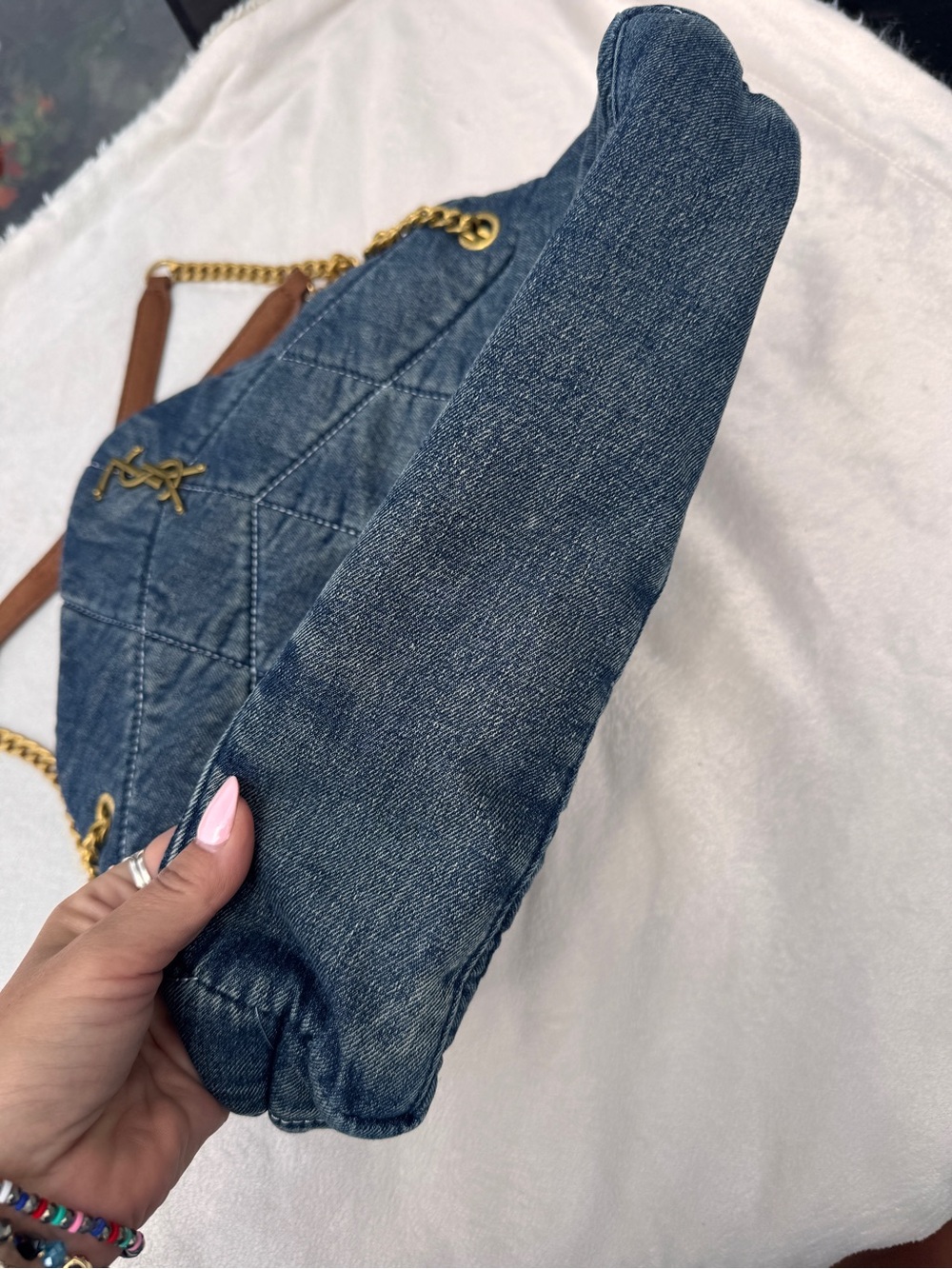 Saint Laurent Denim Chevron Shoulder Bag with Gold Hardware - Picture 8 of 13